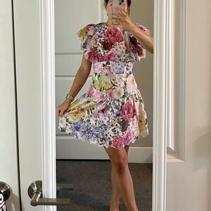 Express Floral Lace Ruffle Sleeve Zip Up Dress